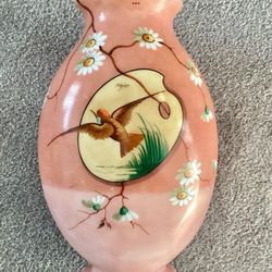 Vintage Large Pink Milk Glass 10.5” Tall Hand-Painted Vase Dragonfly Daisies Birds Marshland…