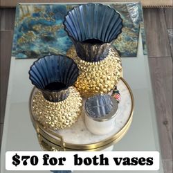 3 Blue And Gold Vases