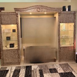 Big entertainment center with glass doors and storage 