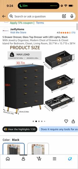 JanflyHome 5 Drawer Black Dresser with LED Lights