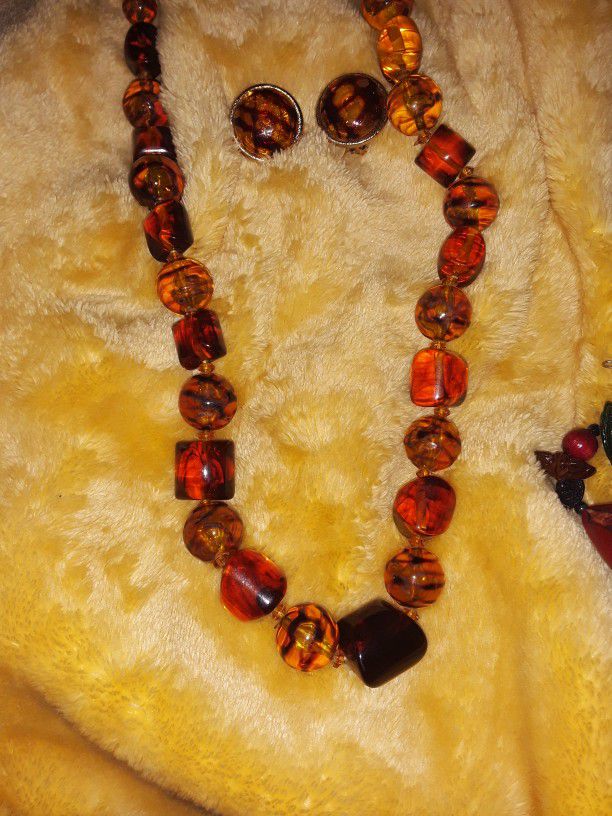 Vintage Amber Necklace Earring Set