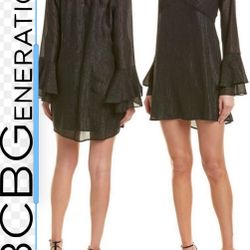 BCBG Generation Empire Waist V-neck Black Metallic bell sleeves Mini Dress M