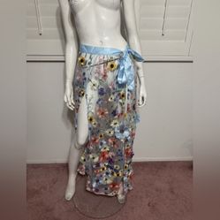 New 1xl blue floral flower embroidered long wrap skirt boho festival sheer