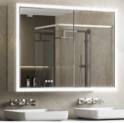 New In Box 40x30 Recessed or Surface Lighted Medicine Cabinet with Mirror & Clock, Fogless Aluminum Medicine Cabinet with Dimmable Light & Outlet, Ant