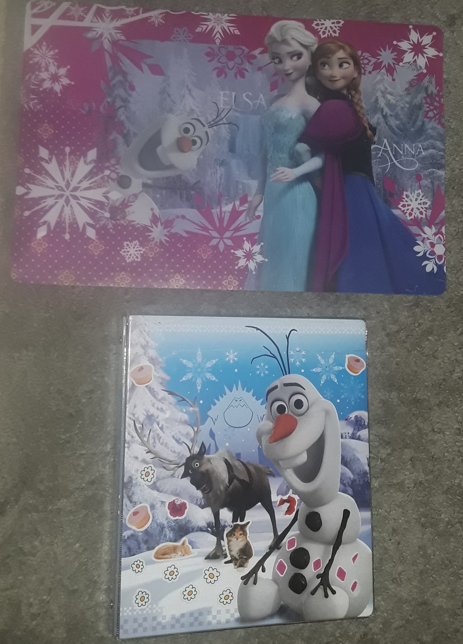 Frozen placemat and Olaf 3-ring 1 inch binder