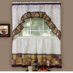 ACHIM Embellished Tier and Swag Window Curtain Set - 57 Inch Width, 24 Inch Length - Coffee - Light Filtering Polyester Drapes for Kitchen, Bedroom, L