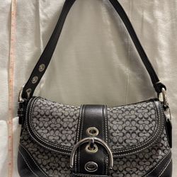 Coach F10925 Vintage Black Leather & Signature C Canvas Shoulder Bag