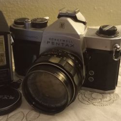 Pentax 35 mm Camera, Lens, And Flash