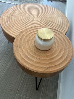 Round Wood Slice Coffee Tables with Hairpin Legs – Set of 2