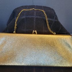 Vintage 1960s Retro Gold Clutch Bag with Metal Clasp and Hidable Chain 13" x 5"