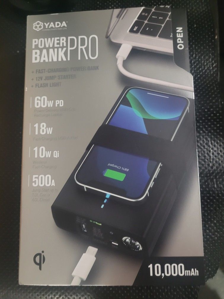 YADA Power Bank Pro, 60W USB-C, Car Battery Jump Starter, 10W Wireless Charger, 18W USB-A, 10000mAH.