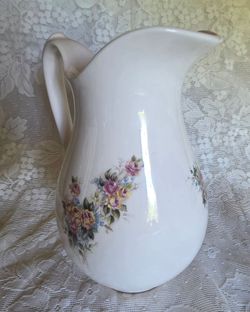 Vintage White Ceramic Floral Pitcher, Victorian Rose Motif