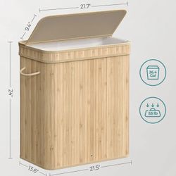 SONGMICS 26.4 Gal Laundry Hamper with Lid Bamboo Basket w/ Handles - Natural Beige