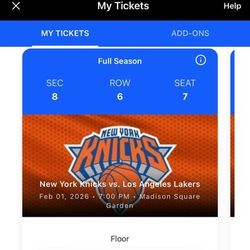 Los Angeles Lakers at New York Knicks – 4 Floor Seats Available
