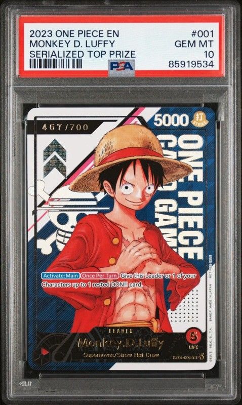 One Piece CCG Monkey.D.Luffy ST01-001 Top Prize Serialized Promo #467/700 PSA 10