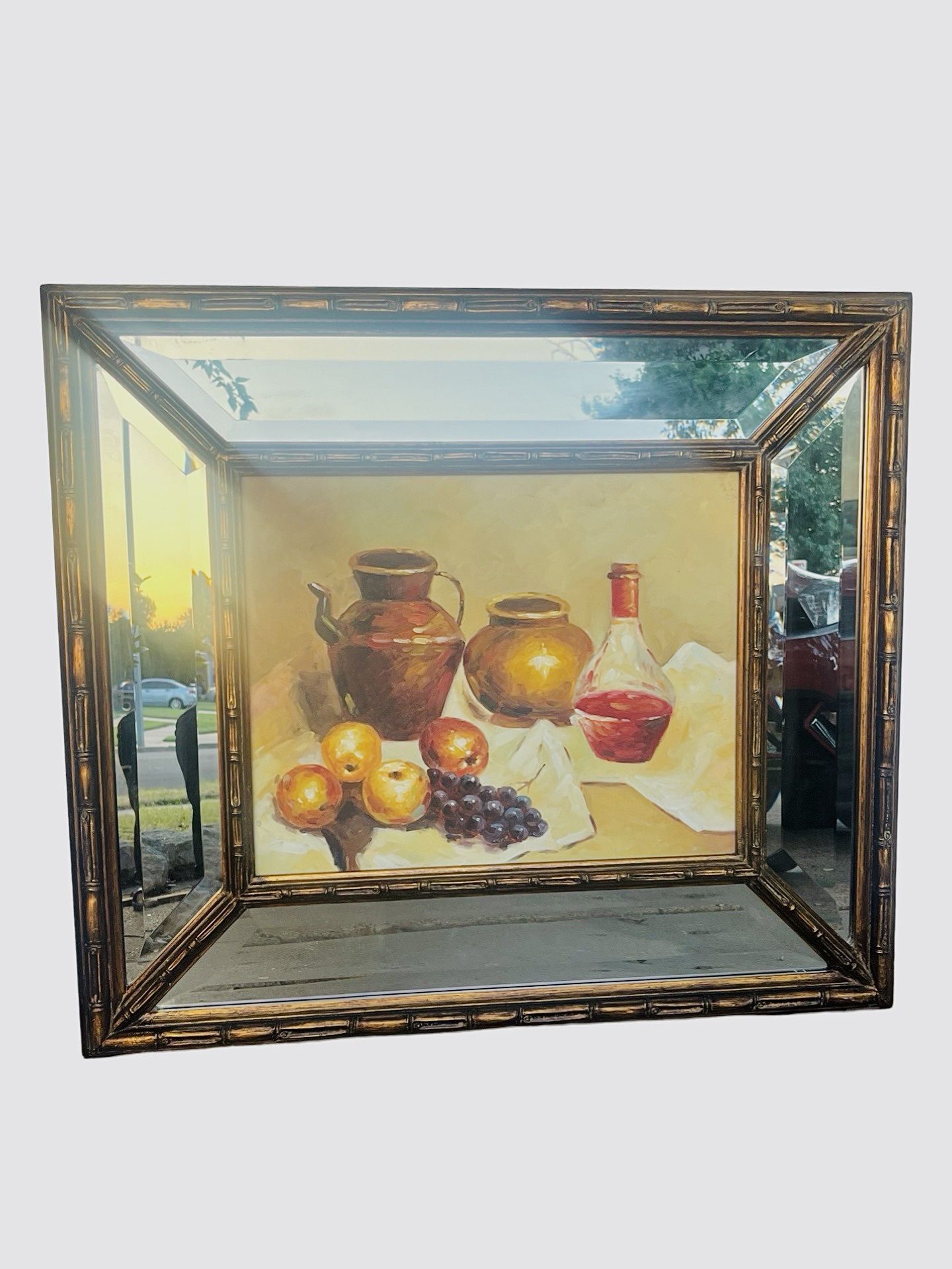 Vintage Original Oil Painting Still Life Fruit Food Wine Beveled Mirror Framed