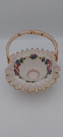 Gorgeous Vintage Handpainted Fenton Glass Basket With Gold Accents