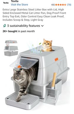 Tevila Extra Large Stainless Steel Cat Litter Box with Removable Lid