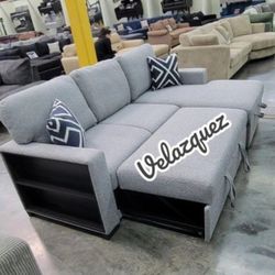 ✅️✅️2 pc Grey boucle fabric sectional sofa with pop up sleep area and storage chaise drop down tray table wireless charging✅️✅️