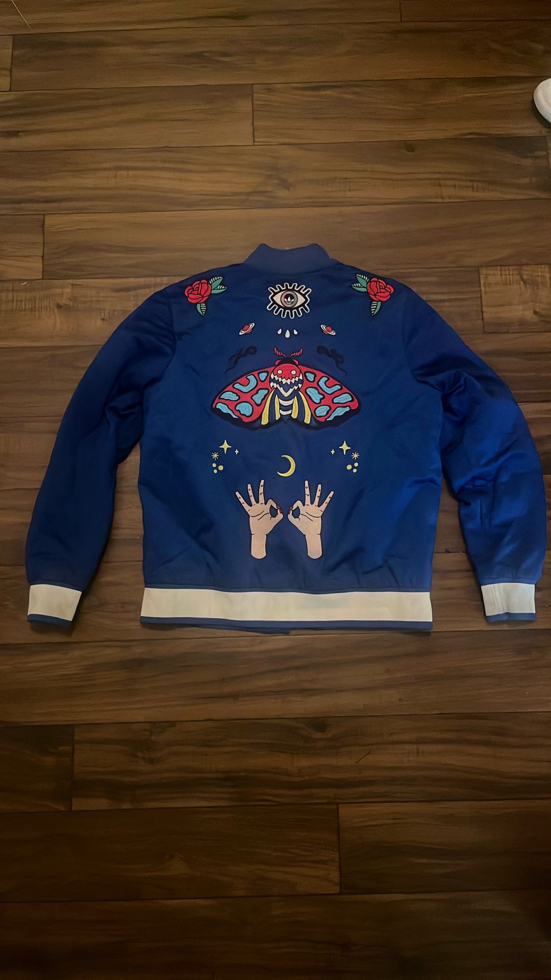 Adidas Originals Embellished Arts Bomber Jacket Size M Embroidered Blue