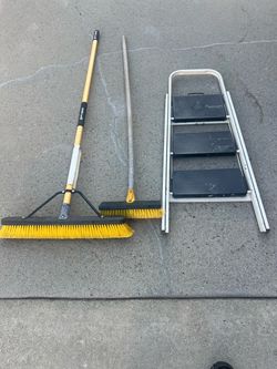 Step ladder and brooms
