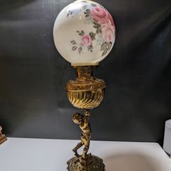  Elegant Antique Victorian Hand-Painted Floral Globe Oil Lamp with Ornate Brass Base