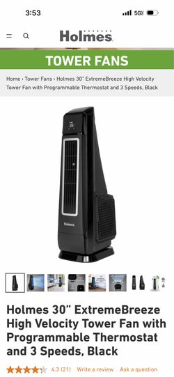 Holmes 30" ExtremeBreeze High Velocity Tower Fan with Programmable Thermostat and 3 Speeds, Black