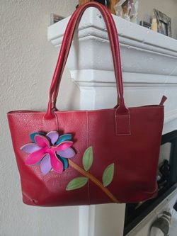 Red Leather Tote Bag with Floral Appliqué