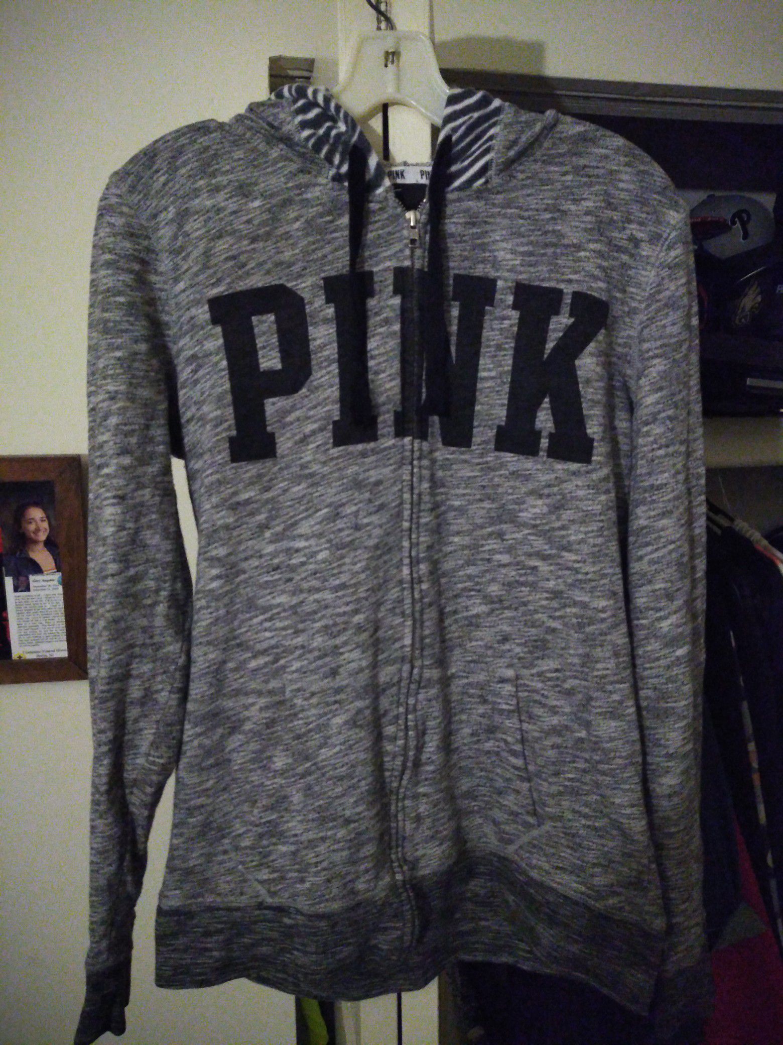 NWOT Victoria Secrets PINK gray hoodie with white and black logo decals. Size small $45