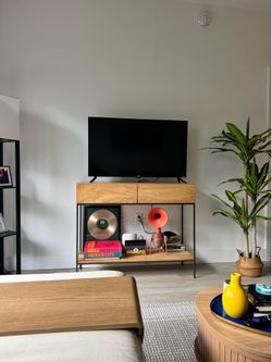 “Modern Wood & Metal TV Stand / Media Console — 2 Drawers + Open Shelf