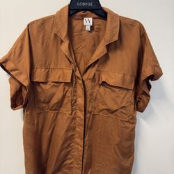 burnt-orange short-sleeve utility blouse by Worthington with dual chest flap pockets and a cuffed short sleeve design. Size L, $15