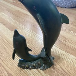 Heavy Decorative Dolphin Sculpture Featuring Mother Dolphin And Baby On A Wave Base