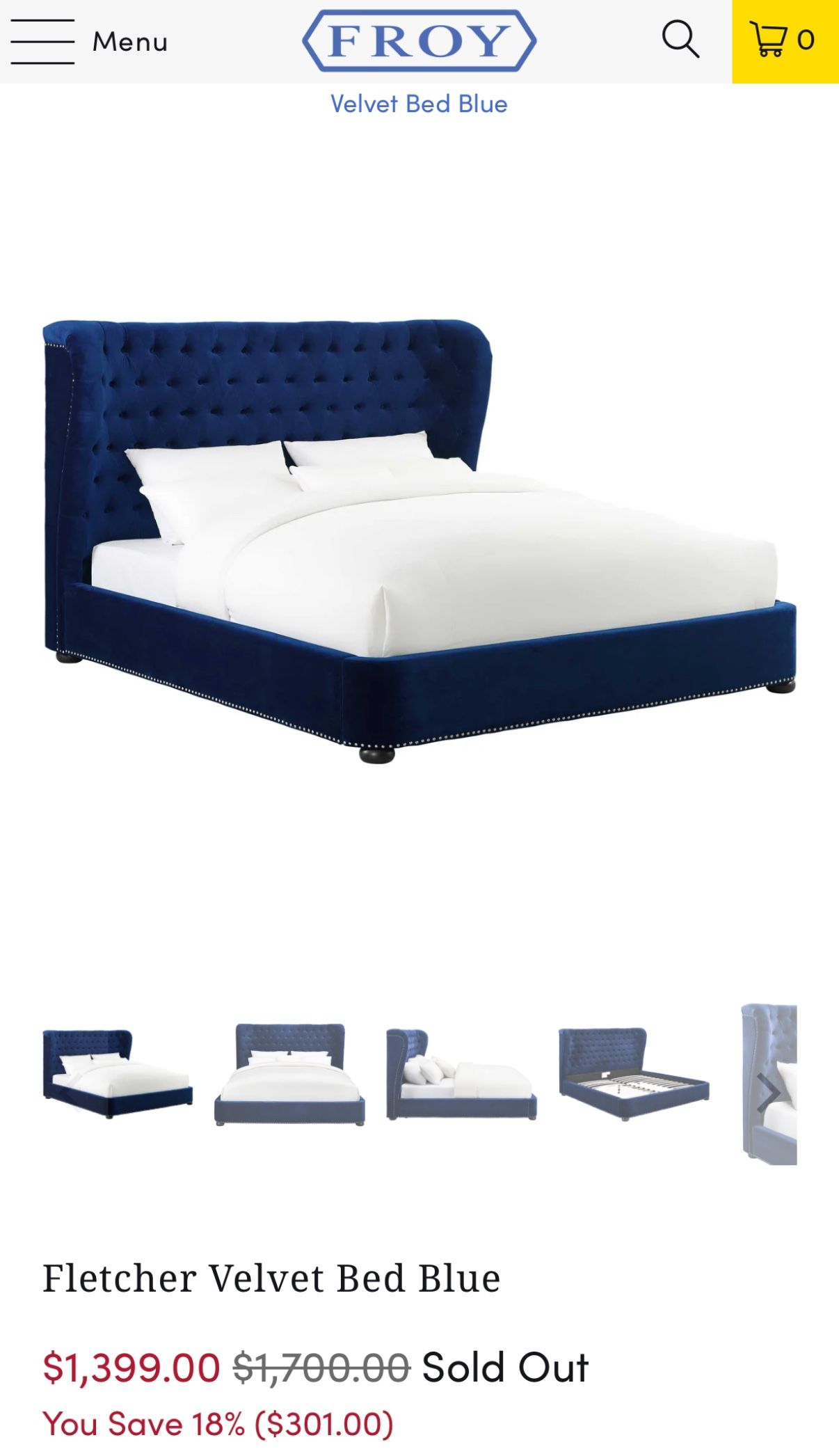 Fletcher Velvet Tufted Bed Blue - King Size