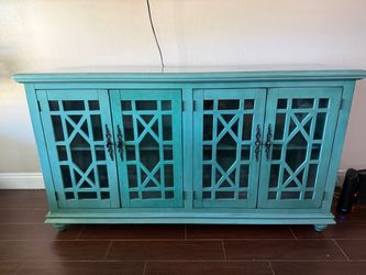 Teal Wood Sideboard Cabinet with Glass Doors