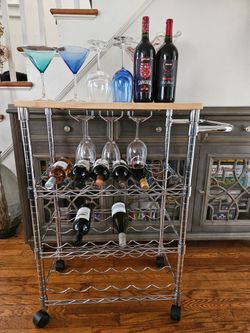 Wine Bottle Rack Bar Cart With Solid Wood Top