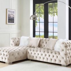 Brand New Beige Velvet L-shaped Sectional