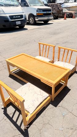 Japanese Bamboo Low Coffee Table Set w/ 3 Floor Chairs (Zaisu)