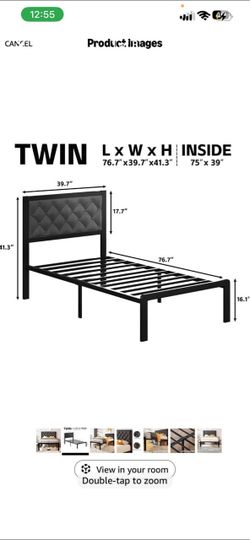 Twin Metal Bed Frame with Upholstered Headboard