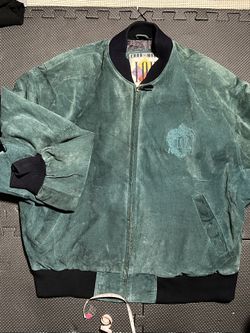 Vintage IOU Jacket, 90s IOU Legendary Leather Collection Green Suede Varsity Bomber Jacket