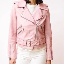 ZARA Pastel Pink Leather Motorcycle Jacket with Asymmetrical Zipper