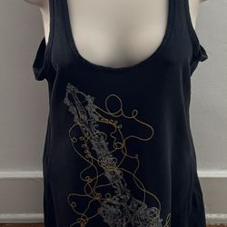 Andrew Charles Women’s Embroidered Guitar Black with Gold and Silver Tank Tunic, size XS