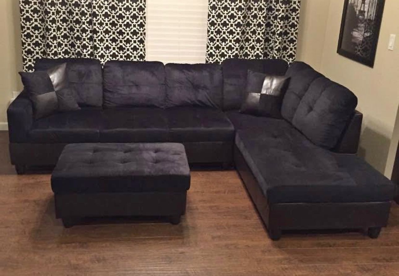 Black Microfiber Sectional Couch And Ottoman