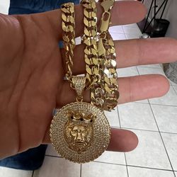 14k Gold Over Silver 925 Cuban Chain And Lion Pendant 