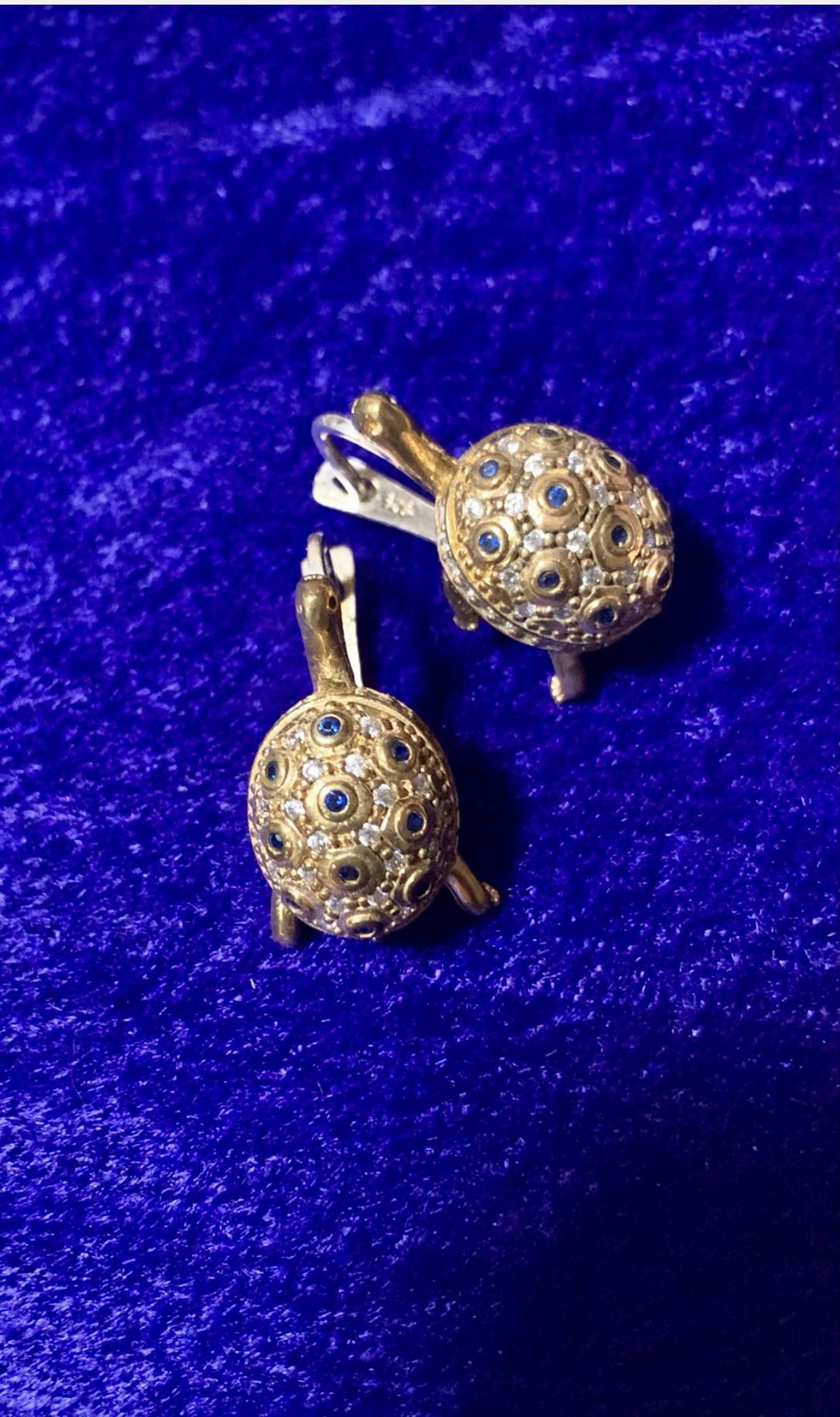 Antique Style European Silver & Bronze Turtle Earrings Encrusted With Sapphire Topaz