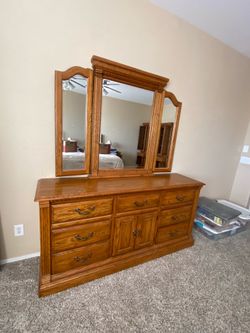 Dresser, mirror, cabinets