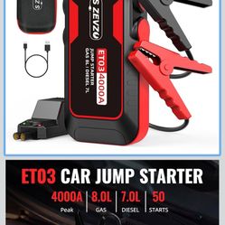 S ZEVZO ET03 Car Jump Starter 4000A Jump Starter Battery Pack for Up to 8.0L Gas and 7.0L Diesel Engines, 74Wh Portable 12V Jump Box with USB Ports, L