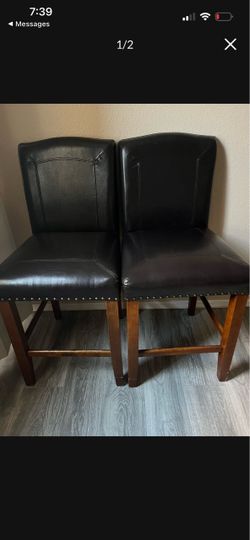 Pair of Dark Brown Leather Counter Stools with Nailhead Trim (Set of 2)