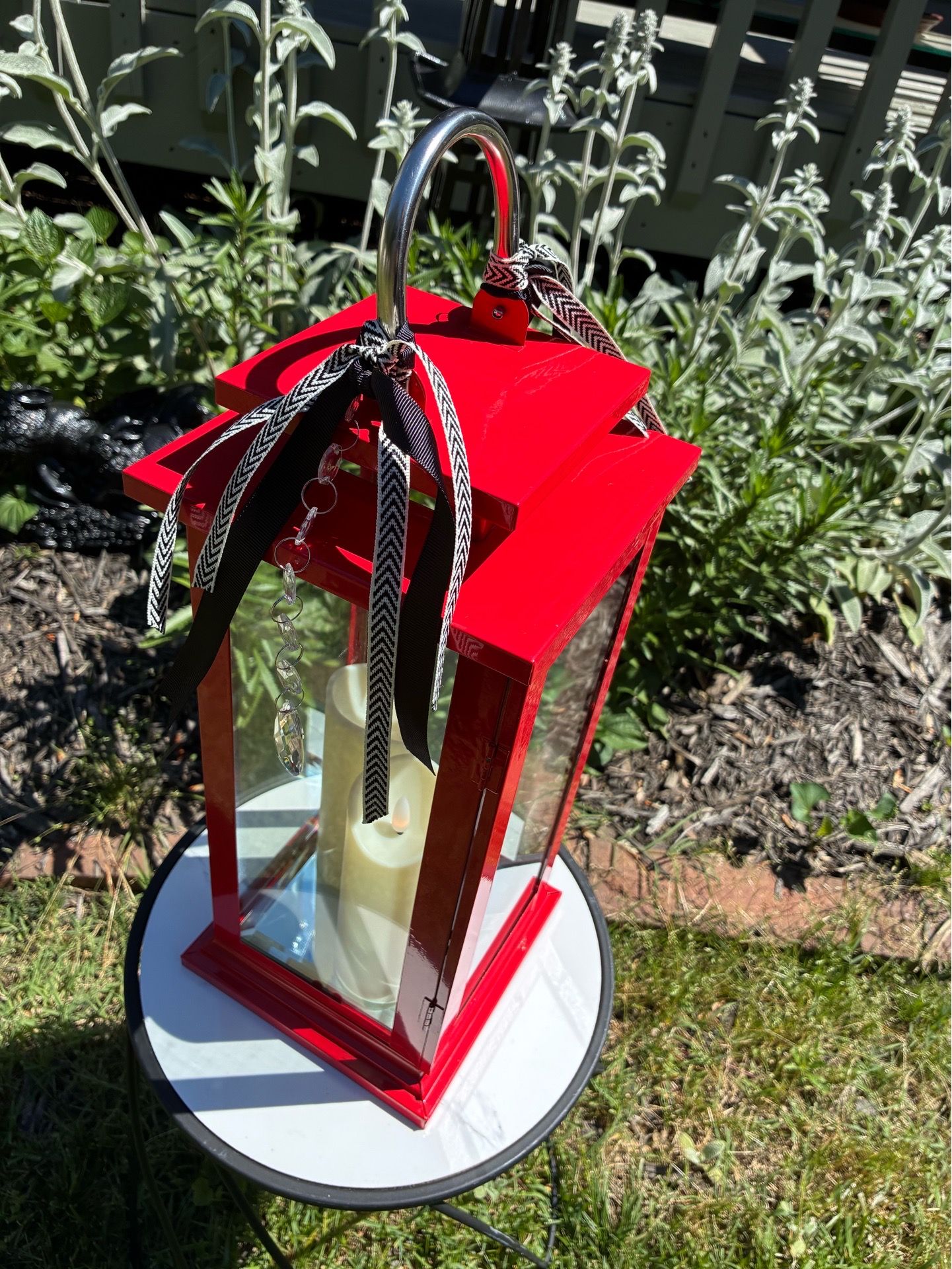 Red Metal Lantern with New Candles