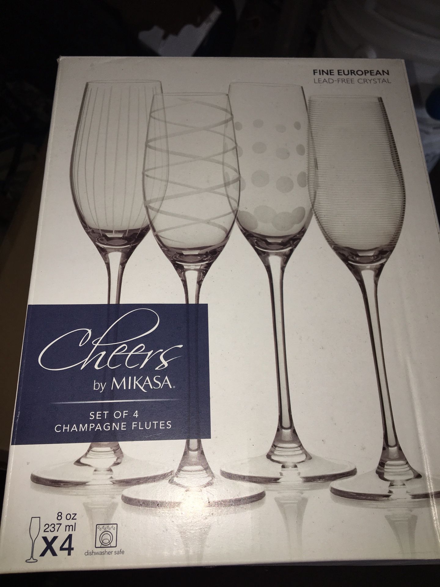 NEW IN BOX Four Champagne Flutes. Cheers by Mikasa