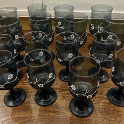 Set of 16 Vintage Libbey Smokey Blue w Dogwood Flowers Stemmed Glasses